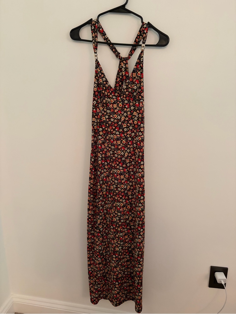 Floral Black V-Neck Maxi Dress with Crossback Straps